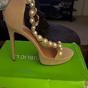 Public Desire Beige Heels with Pearl Accents